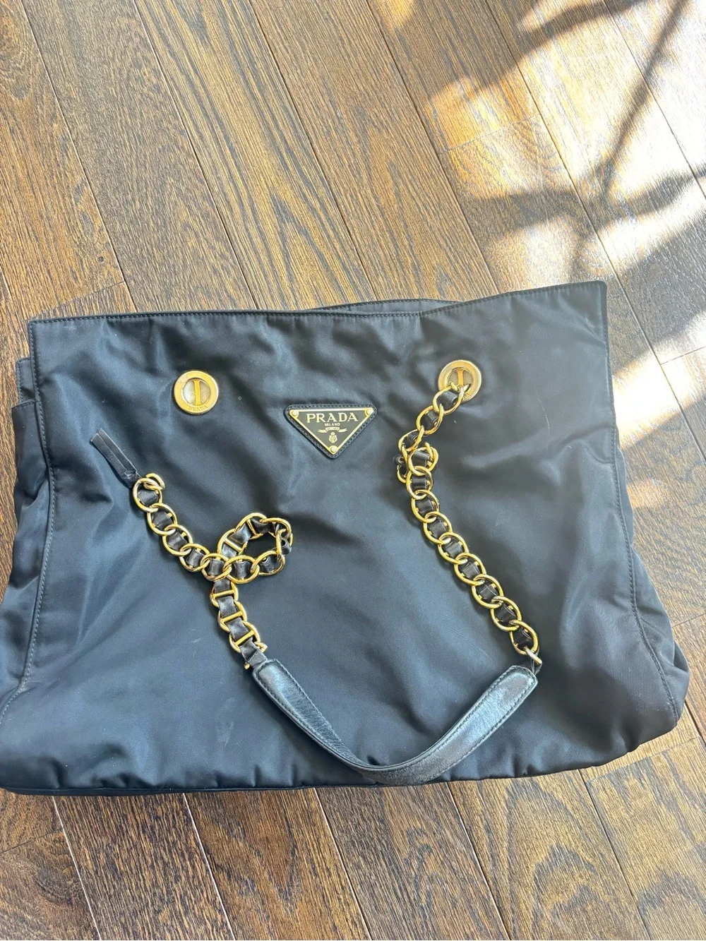 Authentic Prada Black Nylon Shoulder Bag with Gold Chain Straps - Picture 4 of 7